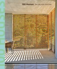 Interior space with wood slated panels revealing exterior landscape, 100 Houses NATURE AND NURTURE in brown font above.