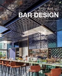 Book cover of The Art of Bar Design, featuring a restaurant bar interior with scallop wall facings and orange stools. Published by Images Publishing.