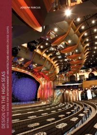 Grand theatre interior with stage area and stools, Design on the High Seas in white font on left burgundy border