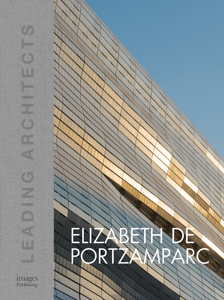 Wavy panelled architectural building in sunlight, Elizabeth de Portzamparc in white font below