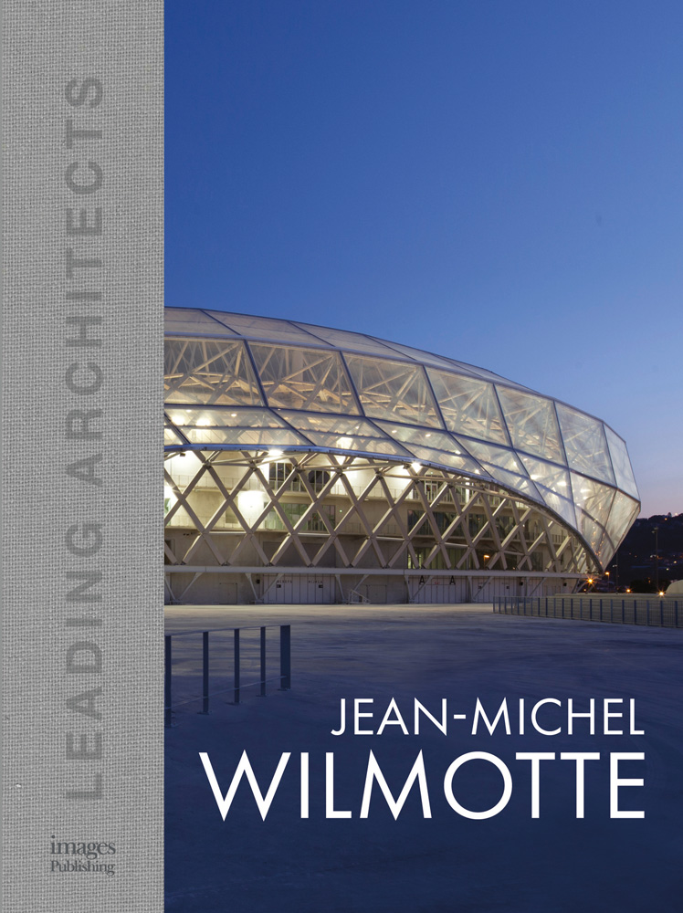 Glass building, under night sky, Jean-Michel Wilmotte in white font below, LEADING ARCHITECTS on left border