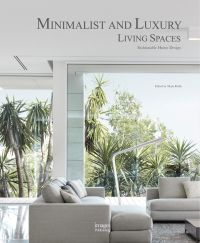 Light beige living space, large windows, green cordylines outside, Minimalist and Luxury Living Spaces in grey font above