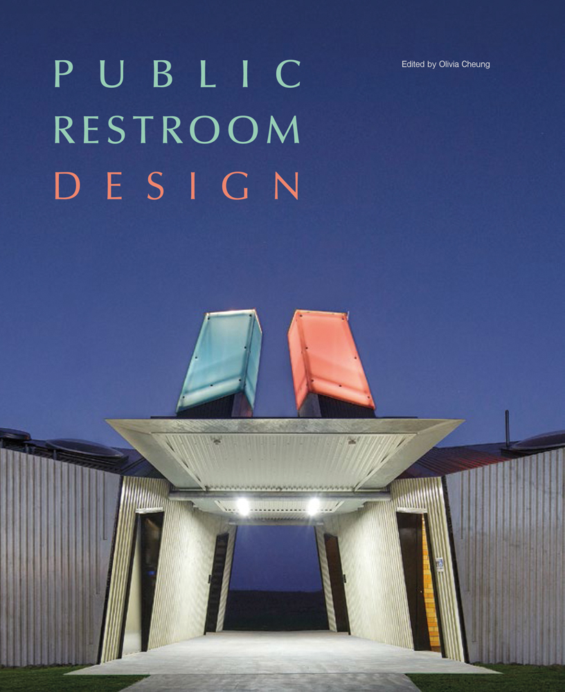 Modern entrance to public restroom with corrugated panels, Public Restroom Design in blue and pink font above