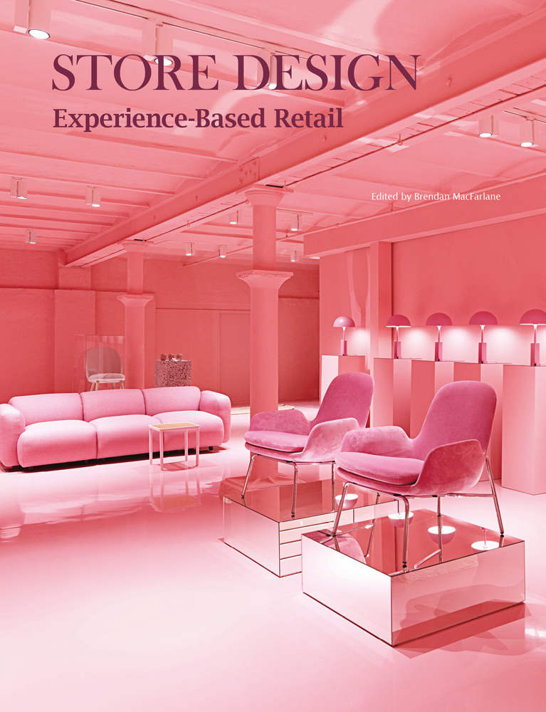 Interior retail store selling pink chairs, pink light, Store Design Experience-Based Retail in purple font to upper left