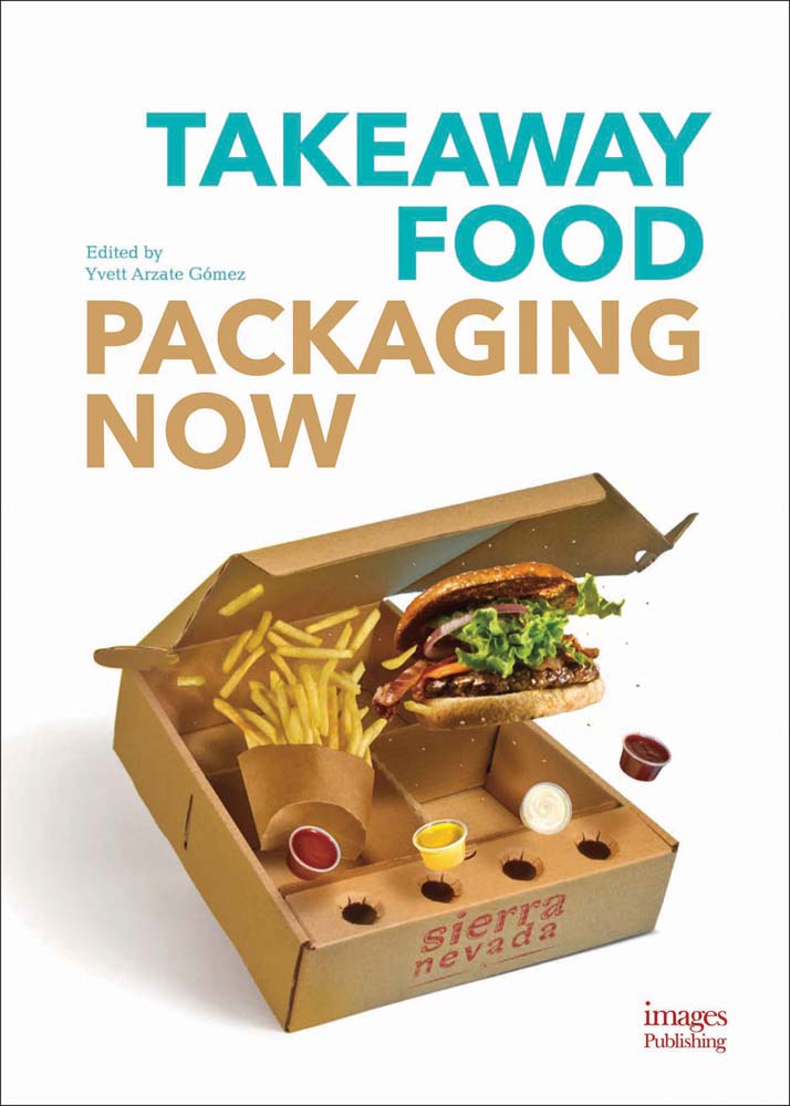 Book cover of Takeaway Food Packaging Now, with a takeaway box with burger and chips. Published by Images Publishing.