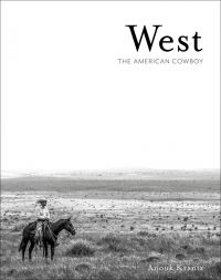 Cowboy on horseback to lower left of vast American landscape, West THE AMERICAN COWBOY in black and grey font to upper right.