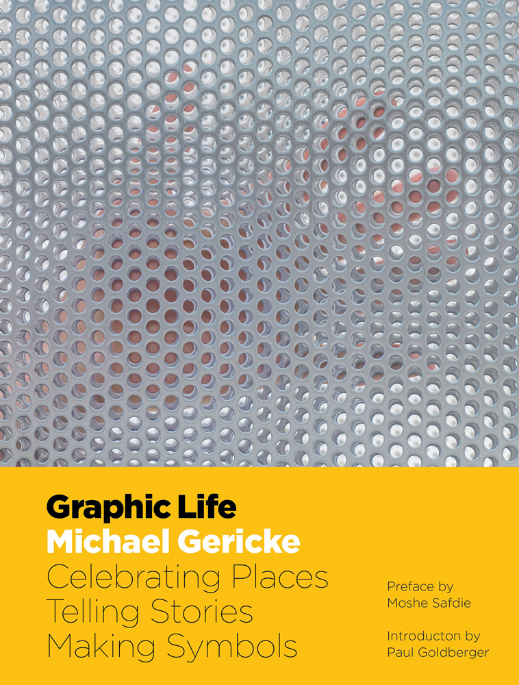 Transparent bubble wrap textured glass with hand other side and yellow banner below with Graphic Life Michael Gericke Celebrating Places, Telling Stories, Making Symbols in black and white font