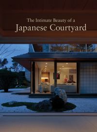 Japanese courtyard at dusk with view into illuminated interior living space of home and The Intimate Beauty of a Japanese Courtyard in cream on brown top border