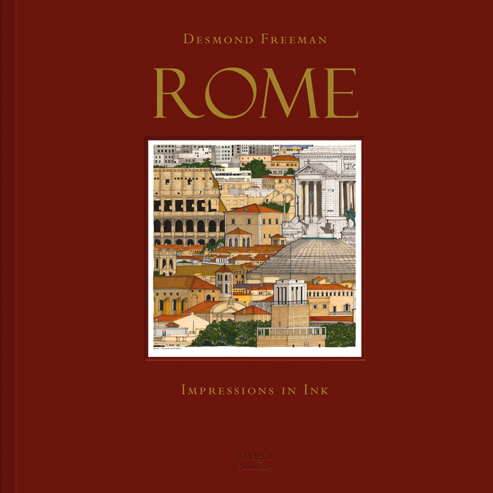 Rome architecture, square colour drawing on red cover, Desmond Freeman Rome in gold font above and Impressions in Ink below