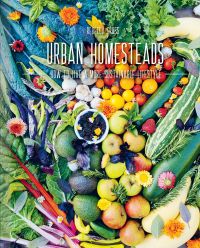 Cover of swiss chard, courgettes, apples, tomatoes, garlic, green beans, calendula, avocados, Urban Homesteads in white font