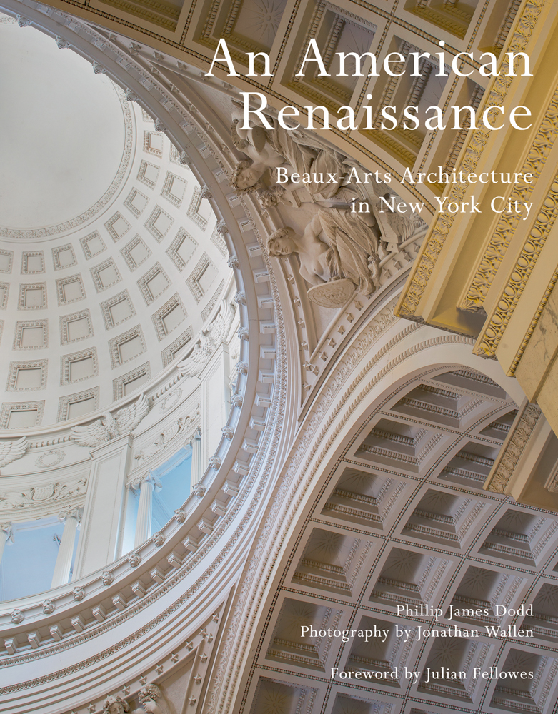 Low angled photo of interior renaissance dome with white and gold plaster and An American Renaissance in white font above