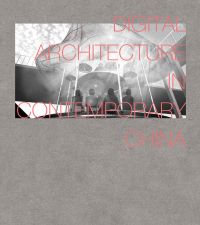 Landscape shot of futuristic building on stilts with seated group of people staring up at it, Digital Architecture in Contemporary China in coral font to right side.