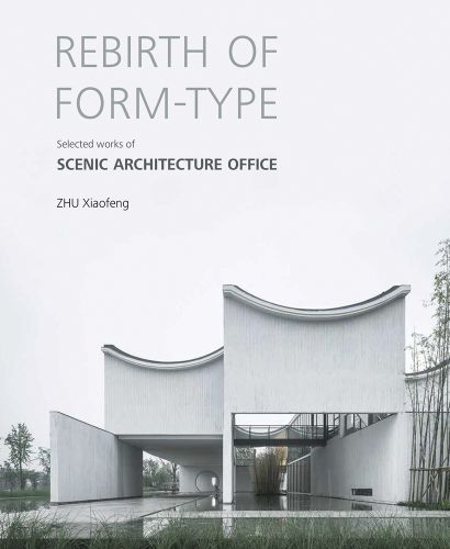 Modern white structure of Dongyuan community center, REBIRTH OF FORM-TYPE, in grey font above.