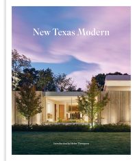 Modern residential home with flat roof, landscaped grounds, under purple sky, New Texas Modern, in white font above.