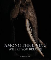 Close-up of side of head of African elephant with long tusks, on black cover of photography book 'Among the Living, Where You Belong', by Images Publishing.