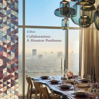 Book cover of Collaborations: A Houston Penthouse, with interior with dining room dinner table in apartment looking out over cityscape. Published by Images Publishing.