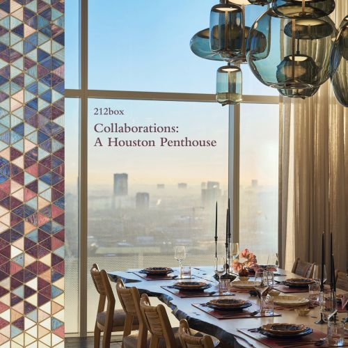 Interior dining room dinner table looking out over cityscape, on cover of 'Collaborations: A Houston Penthouse', by Images Publishing.