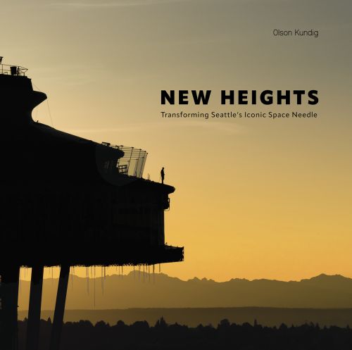 Saucer-shaped top of Seattle Space needle, yellow sunset behind, on cover of 'New Heights, Transforming Seattle's Iconic Space Needle', by Images Publishing.