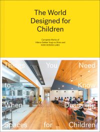 Children sitting at desks inside Kindergarten, Japan, on cover of 'The World Designed for Children, THE WORLD DESIGNED FOR CHILDREN Complete Works of Hibino Sekkei Youji no Shiro and KIDS DESIGN LABO', by Images Publishing.