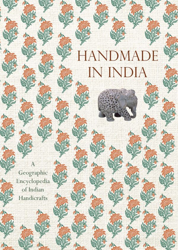 Book cover of Handmade in India: A Geographic Encyclopedia of Indian Handicrafts, with a ceramic elephant, and floral print. Published by Abbeville Press.