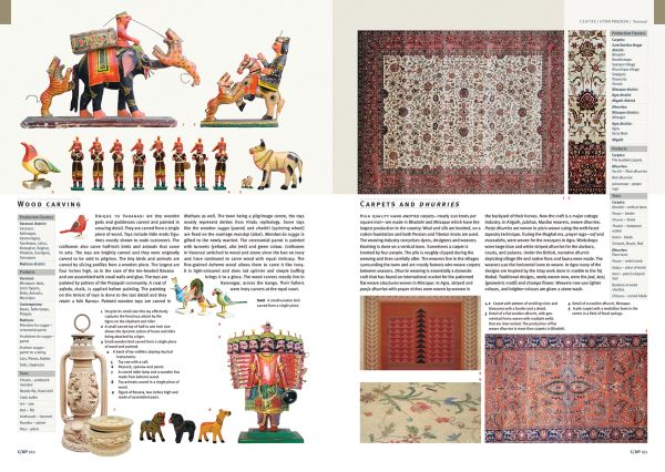 Book cover of Handmade in India: A Geographic Encyclopedia of Indian Handicrafts, with a ceramic elephant, and floral print. Published by Abbeville Press.