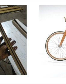Book cover of The Wooden Bicycle: Around the World, featuring a racing bike made of wood. Published by Images Publishing.