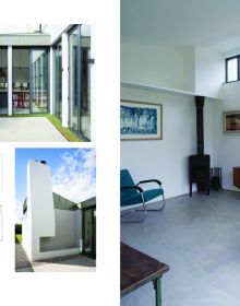 Large open door to interior, low table with purple alliums in vase, hanging light fittings, British + Irish Modern in white and green font