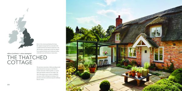 Book cover of British + Irish Modern: New Houses and Old Houses Made New with a large open door to interior, low table with purple alliums in vase, hanging light fittings. Published by Images Publishing.