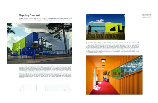 Book cover of Movable Architecture: A Design Guide to Container Reuse, featuring a glass building with handrailed walkway, pond below, trees behind. Published by Images Publishing.