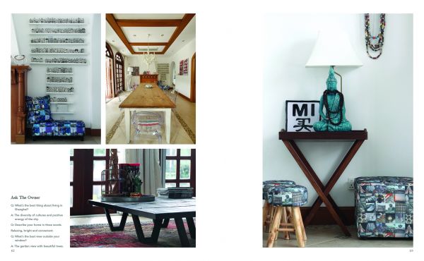 Book cover of Living in Shanghai, featuring an interior with a gray sofa, vase of lilies on a wood table, and three footstools. Published by Images Publishing.