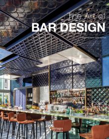 Restaurant bar interior, scallop wall facings, orange stools, The Art of Bar Design in white font to top right