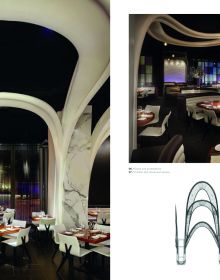 Restaurant bar interior, scallop wall facings, orange stools, The Art of Bar Design in white font to top right