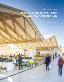Modern wood roof market structure, flower market below with customers, Contemporary Market Architecture Planning and Design in white font above