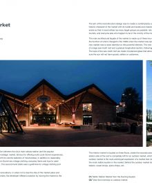 Modern wood roof market structure, flower market below with customers, Contemporary Market Architecture Planning and Design in white font above