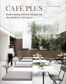 Modern interior café tables and chairs, green trees to backdrop, Café Plus in pale brown font above