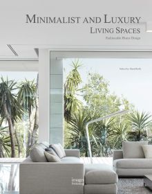 Light beige living space, large windows, green cordylines outside, Minimalist and Luxury Living Spaces in grey font above