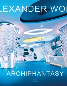 Book cover of Alexander Wong: Archiphantasy, with a futuristic spaceship like interior in bright blue and pearlescent white. Published by Images Publishing.