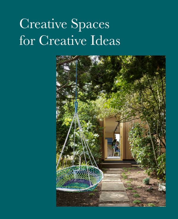 Book cover of Creative Spaces for Creative Ideas, with an artist sitting in wooden studio, with tree hammock in foreground. Published by Images Publishing.