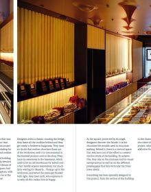 Bakery shop interior with glass display cabinets, cakes underneath, Bakery Design in white font to upper right.