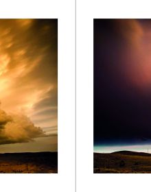 Atmospheric dark storm cloud above landscape, sun light to far left, FIERCE BEAUTY Storms of the Great Plains in white font above.