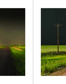 Atmospheric dark storm cloud above landscape, sun light to far left, FIERCE BEAUTY Storms of the Great Plains in white font above.