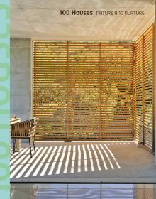 Interior space with wood slated panels revealing exterior landscape, 100 Houses NATURE AND NURTURE in brown font above.