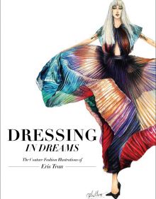 Fashion model in long pleated rainbow dress, on white cover, Dressing in Dreams in black font to lower left