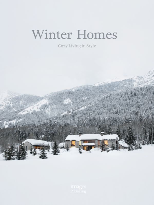 Snowy mountainous landscape with large trees and 2 residential buildings below with Winter Homes Cozy Living in Style in grey font above