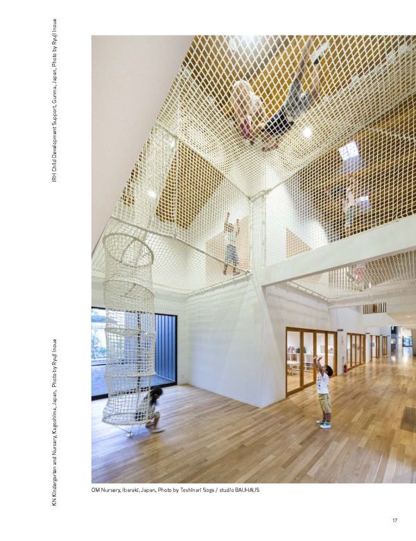 Book cover of 'The World Designed for Children: Complete Works of Hibino Sekkei Youji no Shiro and KIDS DESIGN LABO, with children sitting at desks inside Kindergarten in Japan. Published by Images Publishing.