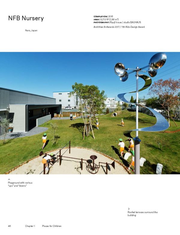 Book cover of 'The World Designed for Children: Complete Works of Hibino Sekkei Youji no Shiro and KIDS DESIGN LABO, with children sitting at desks inside Kindergarten in Japan. Published by Images Publishing.