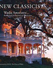 Book cover of Wadia Associates: New Classicists; Residential Architecture of Distinction, with a Queen Anne style home illuminated by dusky pink evening sky. Published by Images Publishing.