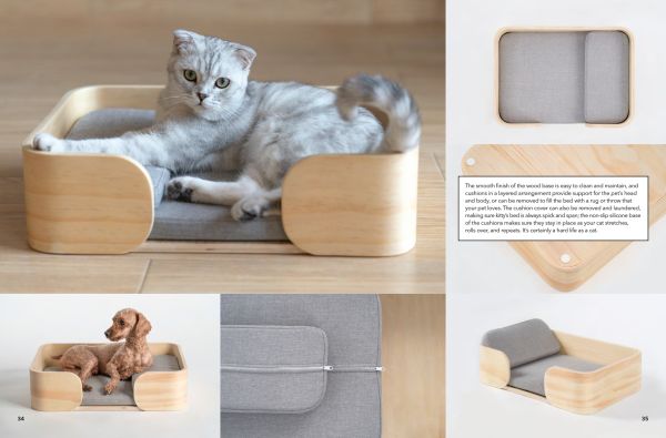 Fluffy white cat leaping out of clear dome doored bed inset in interior wall with For the Love of Pets in white font