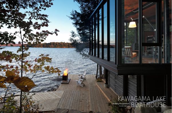 Book cover of Northern Hideaways, featuring a modern house with a flat roof of moss, poking out of the Canadian forest, with lake behind. Published by Images Publishing.
