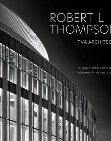 Stylish black and white photo of modern architecture structure with black faded sky and Robert L Thompson in white font above